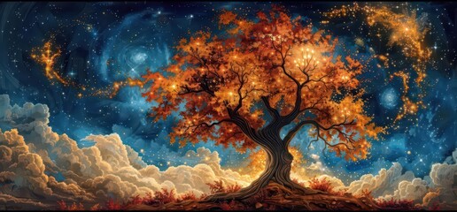 A vibrant autumn tree against a cosmic backdrop, symbolizing nature and the universe.