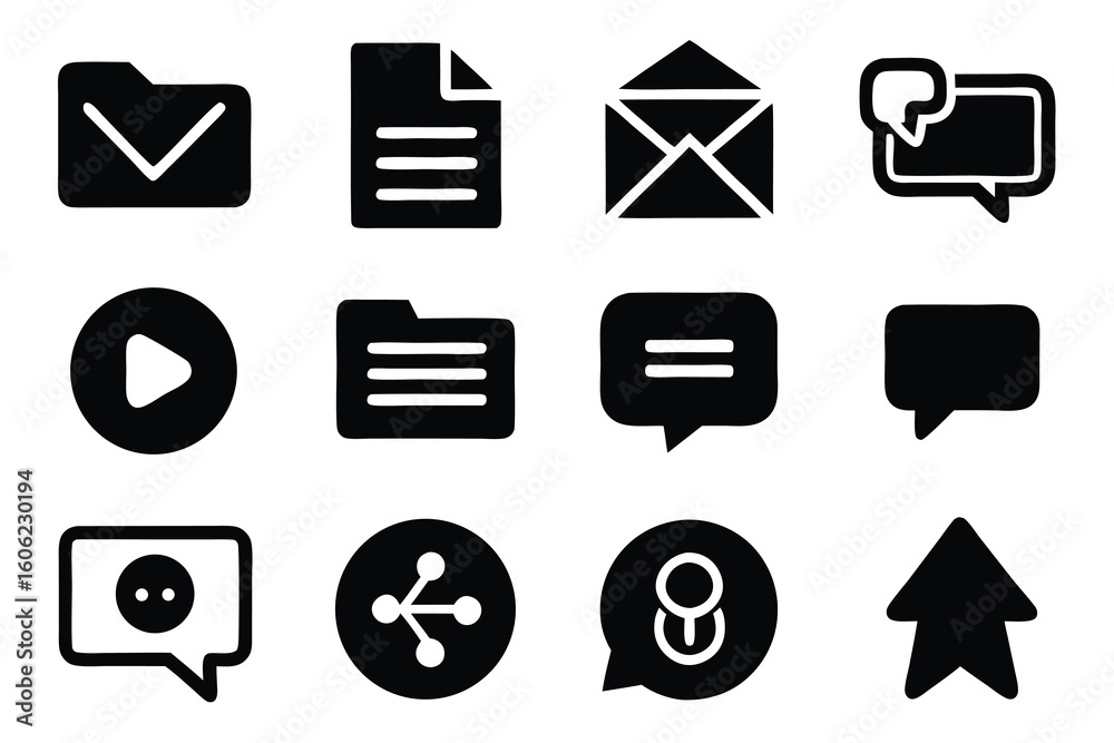 Poster vector art of collection of black vector icons representing file management and communication tools