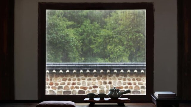 Summer rain pouring down on a traditional Korean tile roof, raindrops falling under the eaves, night rain scenery and relaxing rain sound ASMR
