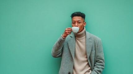 A Gen Z businessman enjoys a calm moment with coffee, reflecting Gen Z's relaxed and balanced approach to business life.