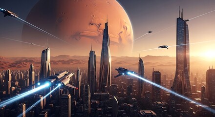 Futuristic city with spaceships in a desert landscape.