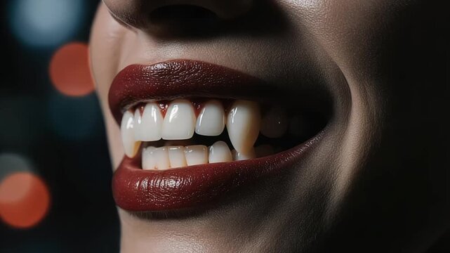 Sensual vampire with red lipstick bares fangs in a sinister smile close up view