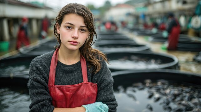 Confident Young Woman Working at a Fishery Market with Outdoor Tanks and Busy Background Activity