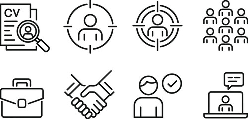 Line Art Set CV Under Magnifier, Target Person, Team, Handshake, Laptop with Man