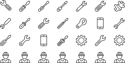 Obraz premium Line Art Set with Wrenches, Screwdrivers, Mobile Phones, Gears, and Construction Workers