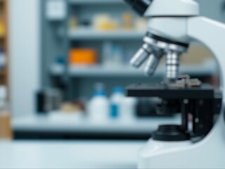 Blurry microscope in modern laboratory background. Scientific research concept with defocused lab interior, symbolizing innovation, analysis, diagnostics, and medical technology.