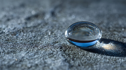 Close Up of a Water Droplet with Reflections on a Textured Surface