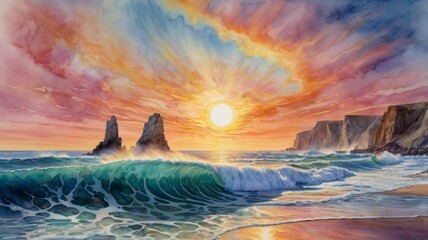 A surreal coastal landscape created with blended watercolors, featuring swirling blue waves crashing into abstract cliffs