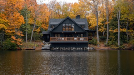Lake house surrounded by vibrant autumn foliage in peaceful landscape