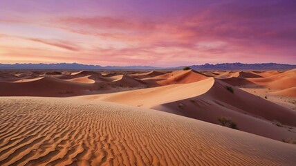 An abstract desert scene painted in watercolor, with flowing sand dunes in warm earth tones — ochre, sienna, and terracotta — blending into a vibrant pink and purple twilight sky.