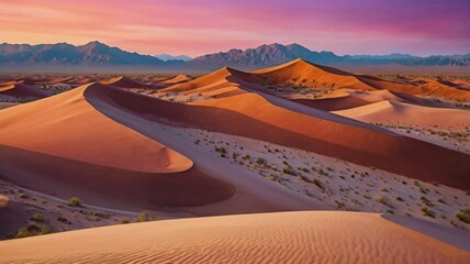 An abstract desert scene painted in watercolor, with flowing sand dunes in warm earth tones — ochre, sienna, and terracotta — blending into a vibrant pink and purple twilight sky.