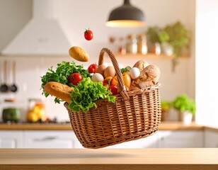 Fresh Food in Wicker Basket Floating in Modern Kitchen