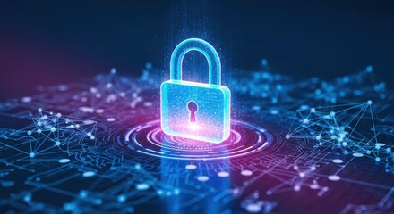 Glowing digital padlock icon on a futuristic circuit board background, representing cybersecurity, data protection, and network security.