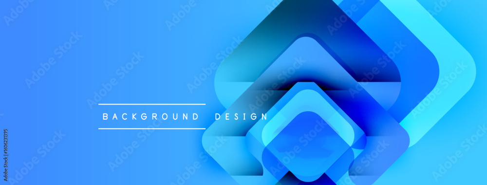 Poster Abstract blue background features layered squares, creating dynamic visual effect. Gradient adds depth, modern aesthetic.