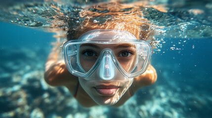 Naklejka premium Young woman snorkeling underwater in clear ocean water showcasing vibrant marine life