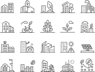 Outline Sustainable Cityscape Icon Set, Eco Buildings, Green Energy, Transparent