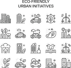Outline Sustainable City Icons Set Green Energy, Buildings, Electric Vehicle Designs
