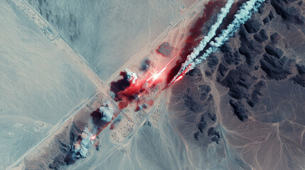 Aerial View of Ballistic Missile Launch in Desert Landscape with Smoke Trails