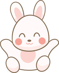 A cute white rabbit with pink cheeks is sitting with his hands raised.