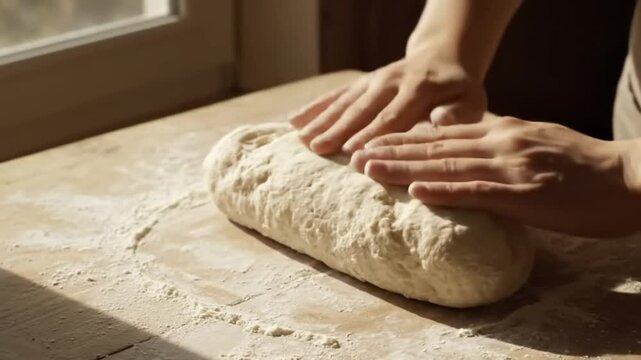 Baker's hands kneading dough on a floured surface, a cinematic top-down view.