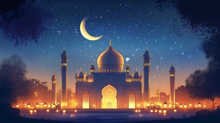 Illuminated mosque at night, under a starry sky.