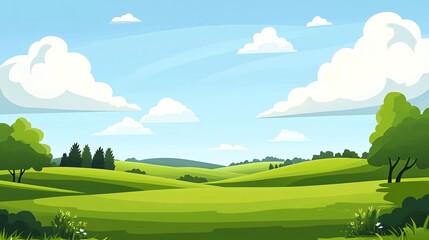 Fototapeta premium Lush green countryside landscape under a bright blue sky.