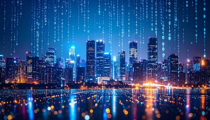 Futuristic City Skyline with Digital Matrix Effect