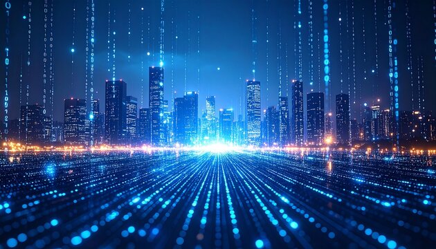 Futuristic Digital Cityscape with Data Streams