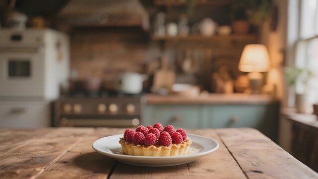 Raspberry Tart on a Wooden Table in a Cozy Kitchen