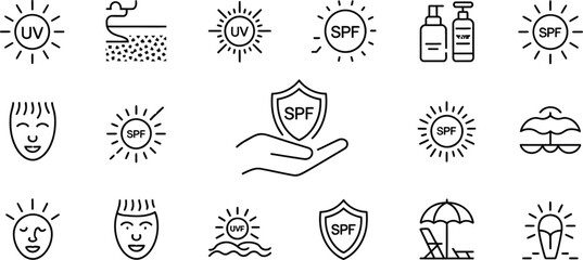 Sunscreen SPF Icons Set Sun Protection, Skin Defense, Beach Vacation Line Art