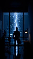 Stormy night cityscape view man silhouette watching lightning from apartment window