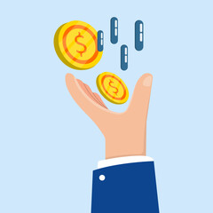 Hand of a business people catch falling coins. Concept of wealth, success and good luck.
