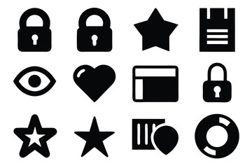 Vector art of a collection of black silhouette icons featuring locks, stars, hearts, and other symbols isolated on white background