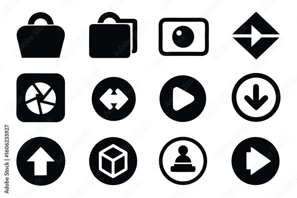 Poster vector art of a collection of simple user interface icons is presented isolated on white background
