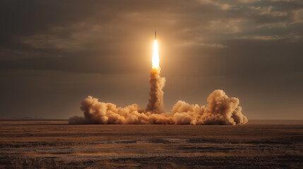 Powerful Ballistic Missile Launching Ascending Skyward from Desert Landscape