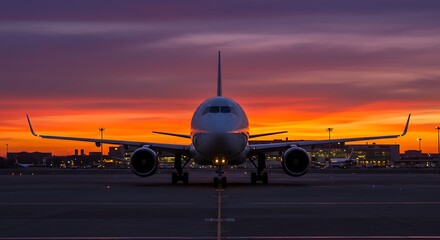 Airplane at Airport During Spectacular Sunset Dramatic Skies and City Silhouette Commercial Aviation Transportation Theme with Powerful Visuals