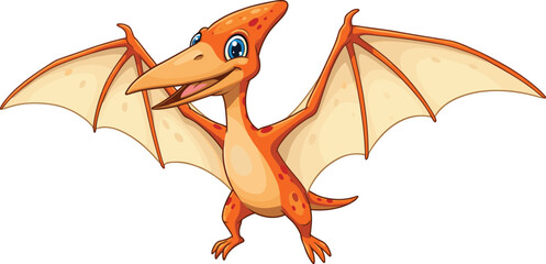 Cute cartoon pterodactyl dinosaur with wings spread wide, smiling flying reptile illustration for kids, prehistoric animal vector design
