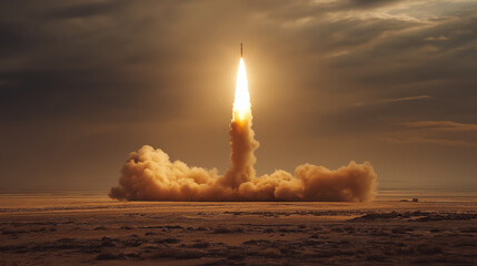 Powerful Ballistic Missile Launching with Fireball and Dust on Earth