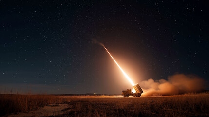 Night Launch of Ballistic Missile under starry sky military might strategic force