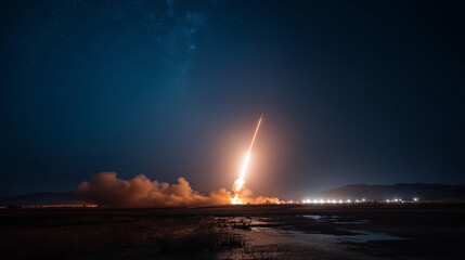 Night Launch of Ballistic Missile Over Starry Sky Majestic Space Exploration