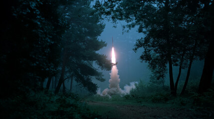 Ballistic Missile Launch Through Forest Canopy at Night for Military Concept