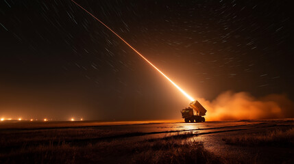 Night Launch Ballistic Missile Scene Vehicle Launching Under Starry Sky