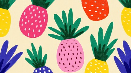 Colorful Pineapples Pattern Displayed on Pastel Yellow for Tropical Summer Packaging