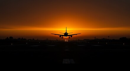 Airplane Landing at Sunset Silhouette of Jet Approaching Runway with Fiery Sky and City Lights