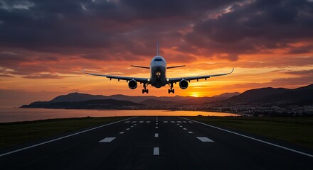 Airplane landing at sunset with vibrant orange and purple sky over coastal city breathtaking aviation travel photograph