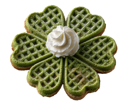 Green Clover Waffle with Whipped Cream on White Background - Powered by Adobe