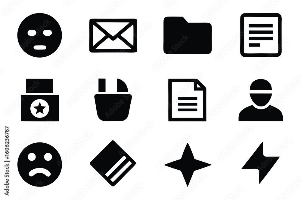 Poster vector art of a set of twelve black and white icons representing various symbols and functions