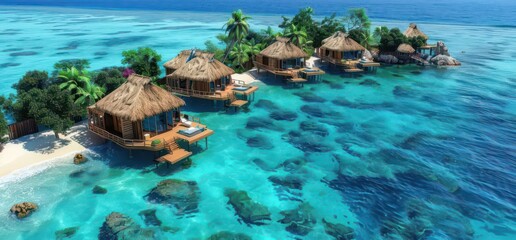 A serene tropical resort with overwater bungalows surrounded by clear blue waters.
