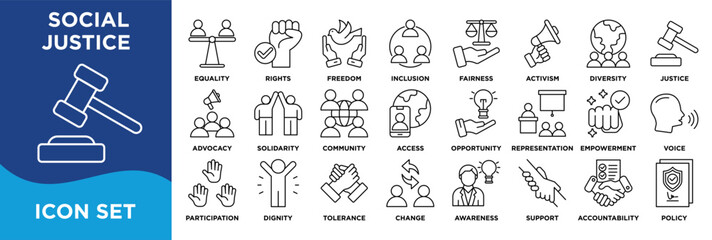 SOCIAL JUSTICE. icon collection set. Containing equality,rights,freedom,inclusion,diversity,fairness,activism,advocacy,justice,liberty icon. Simple line vector.