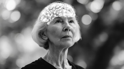 Elderly Woman Contemplating with Glowing Neural Network Overlays in Urban Setting